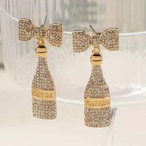 Sparkling Gold Bow & Champagne Bottle Earrings